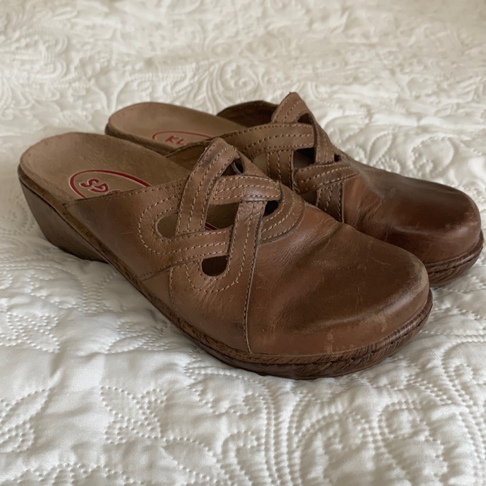 Woven Leather Klogs Mules Dress Shoes | Brown | Size 8 | “Wood” Platform